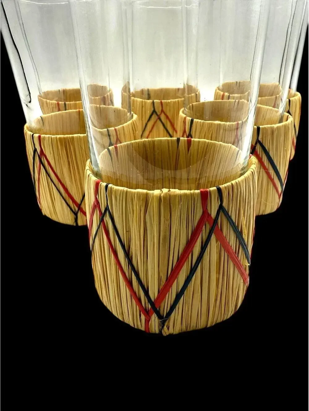 1950s Vintage Glass Tumblers with Raffia Holders, Set of Six Drinking Glasses